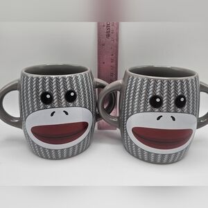 Galerie Gray Grey Ceramic Double Handled Sock Monkey Mug Cup 16 Oz - Set Of 2
